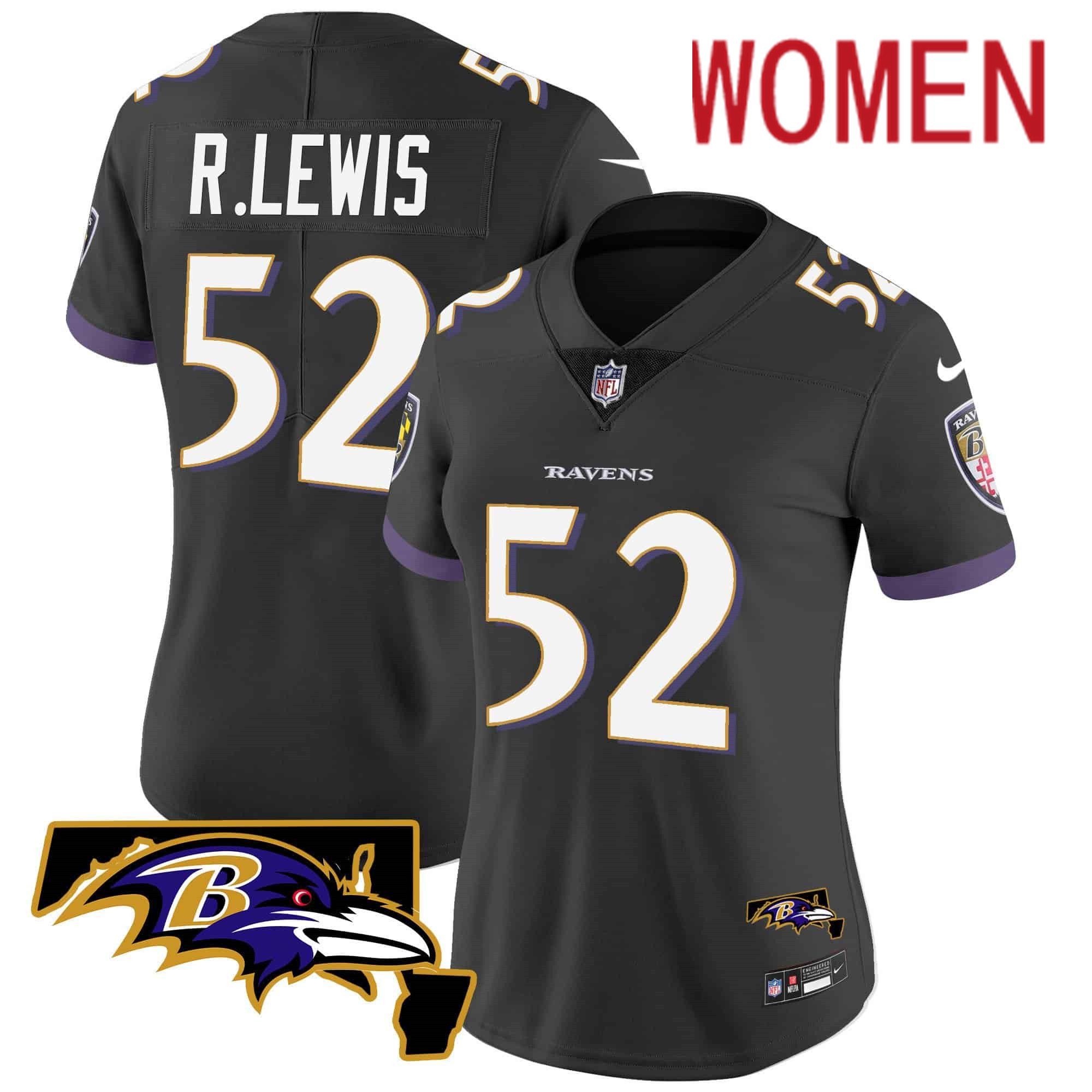 Women Baltimore Ravens #52 R.Lewis Black 2024 Nike Maryland Patch Vapor Limited NFL Jersey style 1->women nfl jersey->Women Jersey